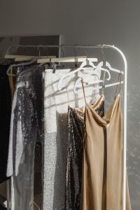 Kaboompics - Gold Satin Dress and Black Sequin Outfit in Sunlight