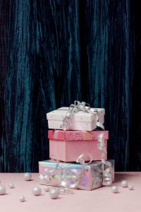 Kaboompics - Christmas Gift Box Stack with Silver Baubles