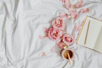 Kaboompics - Pink Roses, Coffee and Open Notebook on White Bedding, Horizontal Valentine’s Day Background