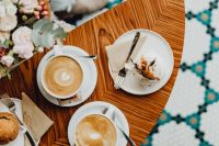 Kaboompics - Top View of Latte Cups and a Cafe Dessert on a Wooden Table