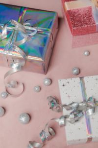 Kaboompics - Pastel Christmas Gift Wrap Flat Lay with Silver Baubles