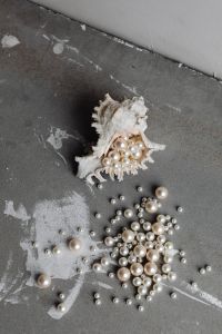 Kaboompics - Pearl Beads Scattered Below an Open Seashell on Gray Concrete, Vertical Flat Lay