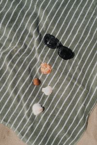Kaboompics - Sunglasses and Seashells on a Striped Beach Towel