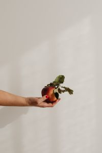 Kaboompics - Woman’s Hand Holding a Red Apple with Dried Leaves Against Warm Neutral Copy Space