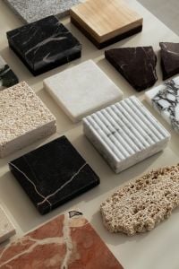 Kaboompics - Marble, Wood and Ribbed Stone Swatches in a Neutral Flat Lay