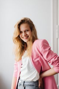 Kaboompics - Vertical Pink Blazer Outfit Portrait with Neutral Copy Space for Branding
