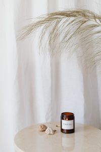 Kaboompics - Amber Candle with Dried Smoke Bush Branches on Marble Table