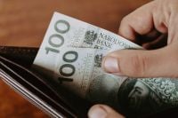 Kaboompics - Hand Holding 100 Polish Zloty Notes from a Wallet on a Wooden Table