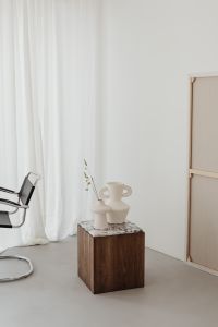 Minimalist Interior, Wooden Furniture and Wildflower Still Life