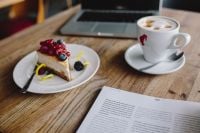 Kaboompics - Macbook, iPhone, Magazine, Cheese Cake and Cup of Coffee