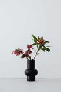 Kaboompics - Protea and Hellebores in a Sculptural Black Vase, Minimalist Interior Flower Styling