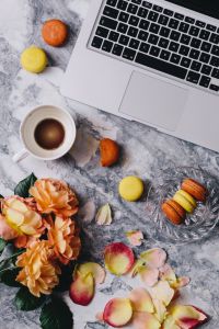 French Macaron Flat Lay Photos with Peach Roses, Marble, Coffee and Laptop