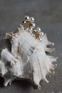 Kaboompics - Pearl Hoop Earrings Peeking Over a Ridged Seashell with Gray Copy Space