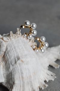 Kaboompics - Gold Hoop Earrings with Pearl Beads Resting on a Ridged Seashell