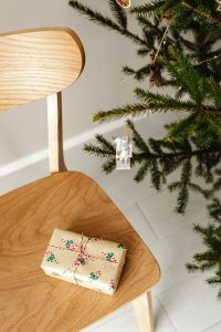 Kaboompics - Wrapped Gift under Christmas Tree on Wooden Chair