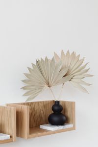 Kaboompics - Dried Fan Palm Leaves in Black Vase on Minimalist Oak Shelf