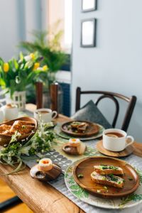 Breakfast served with tea, bread and eggs