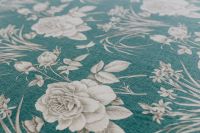 Kaboompics - Teal Upholstery Fabric with White Floral Pattern, Textile Close-Up
