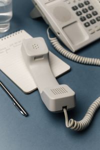 Kaboompics - Office Desk Flat Lay With Telephone Notebook And Pen Minimal Style