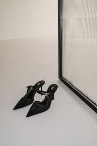Kaboompics - Black Pointed Slingback Shoes by Ribbed Glass Wall