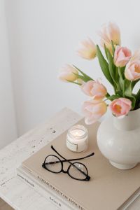 Kaboompics - Pastel Tulips and Candle on Beige Art Book