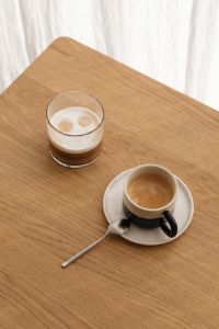 Kaboompics - Glass Latte and Ceramic Coffee Cup on a Wooden Table