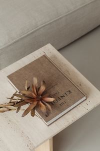 Kaboompics - Overhead Book Styling with Dried Protea and a Sofa Background