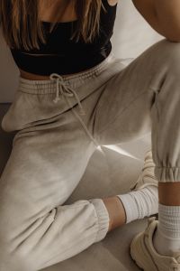 Kaboompics - Neutral Casual Fashion with Black Crop Top and Joggers