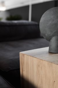 Kaboompics - Close-Up of Sculptural Cement Vase and Wooden Side Table in a Dark Living Room