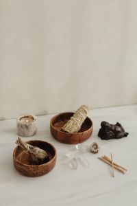 Kaboompics - Wide Sage Smudging Flatlay With Two Bowls And Buddha