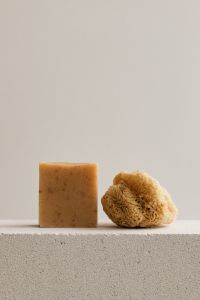 Kaboompics - Amber Soap Bar and Natural Sea Sponge on a Concrete Ledge