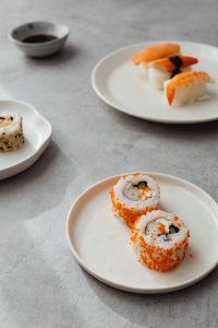 Kaboompics - Nigiri Sushi Trio with Soy Sauce and Shallow Depth of Field