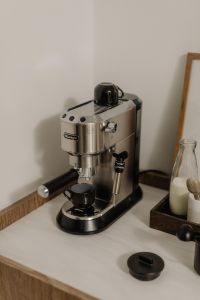 Kaboompics - Espresso Machine with Milk Bottle and Coffee Accessories