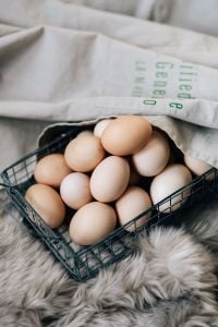 Kaboompics - Wire mesh basket with fresh farm eggs