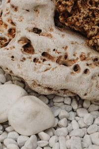 Kaboompics - Porous Ivory Stone with Rust-Brown Pits Above Smooth White Pebbles