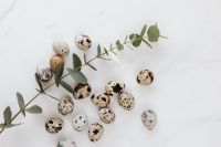 Kaboompics - Scattered Quail Eggs and Eucalyptus Branch on White Marble, Minimal Easter Styling