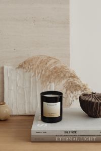 Kaboompics - Pampas Grass and Scented Candle against a Textured Beige Wall