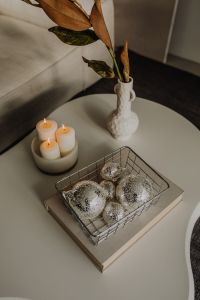 Kaboompics - Christmas Coffee Table with Silver Ornaments and Candles