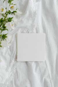 White Linen Mockup Photography with Blank Cards, White Flowers and Minimal Floral Backgrounds