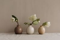 Kaboompics - Three Small Ceramic Vases with White Flower Stems on a Linen Table