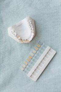 Kaboompics - Tooth Shade Guide and Upper Dental Cast on Blue Background