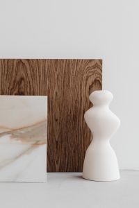Kaboompics - White Ceramic Vase with Marble Tile and Dark Wood Panel, Minimal Neutral Decor Mockup