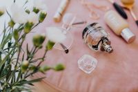 Kaboompics - Pink Velvet Skincare and Perfume with White Flowers
