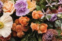 Kaboompics - Peach Roses and Purple Blooms in a Mixed Bouquet