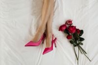Kaboompics - Pink Heels and Red Roses on White Bed Linen