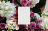 Kaboompics - Vertical Blank Card with Purple Chrysanthemums and Wrapped Flower Bouquet