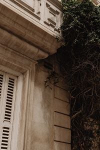 Kaboompics - Maltese Stone Facade with Louvered Window and Climbing Vines