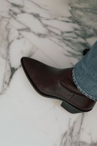 Kaboompics - Burgundy Leather Boot Styled With Jeans for a Casual Fall Outfit