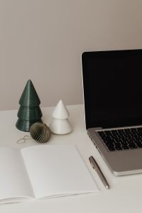 Kaboompics - Small Green Christmas Tree and Laptop on White Desk