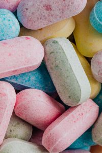 Kaboompics - Pastel Pink, Blue and Yellow Gummy Candies in Close-Up